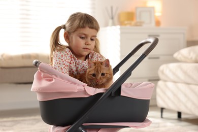 Photo of Cute little girl with her ginger cat in doll stroller at home