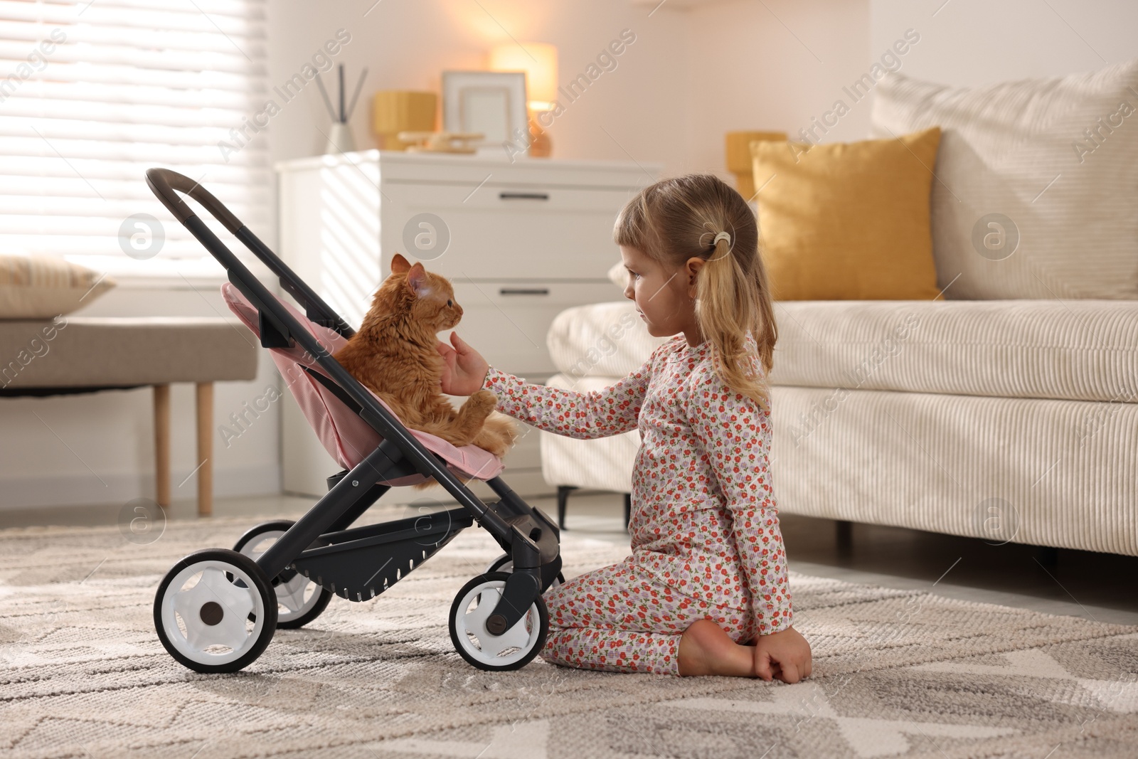 Photo of Cute little girl with her ginger cat in doll stroller at home