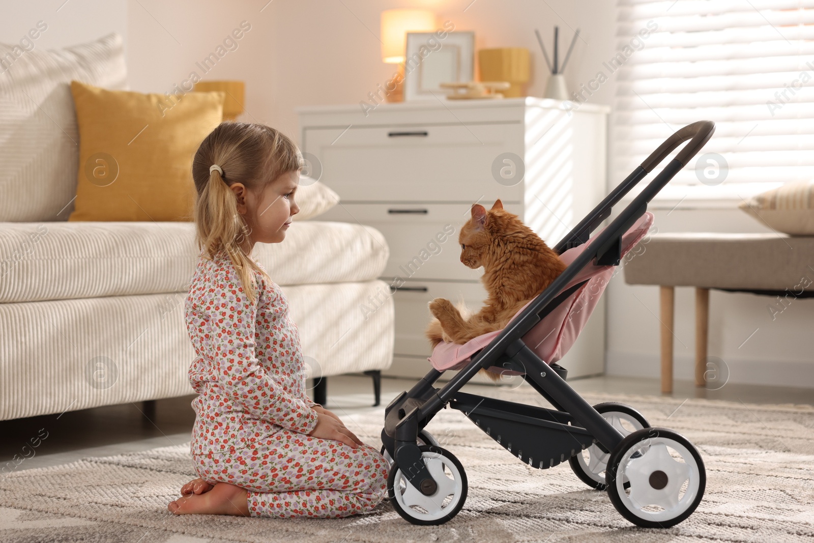 Photo of Cute little girl with her ginger cat in doll stroller at home