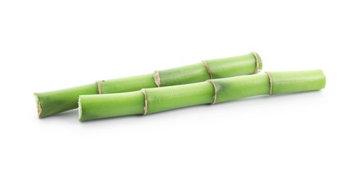 Photo of Cut green bamboo stems isolated on white