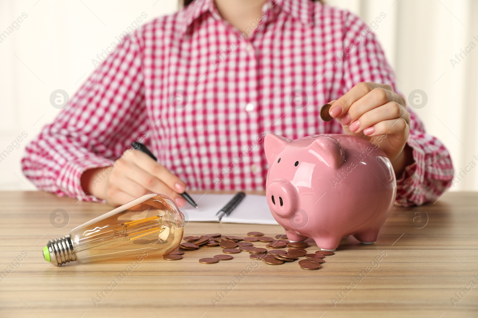 Photo of Woman putting coin into piggy bank while taking notes at wooden table, closeup. Energy saving concept