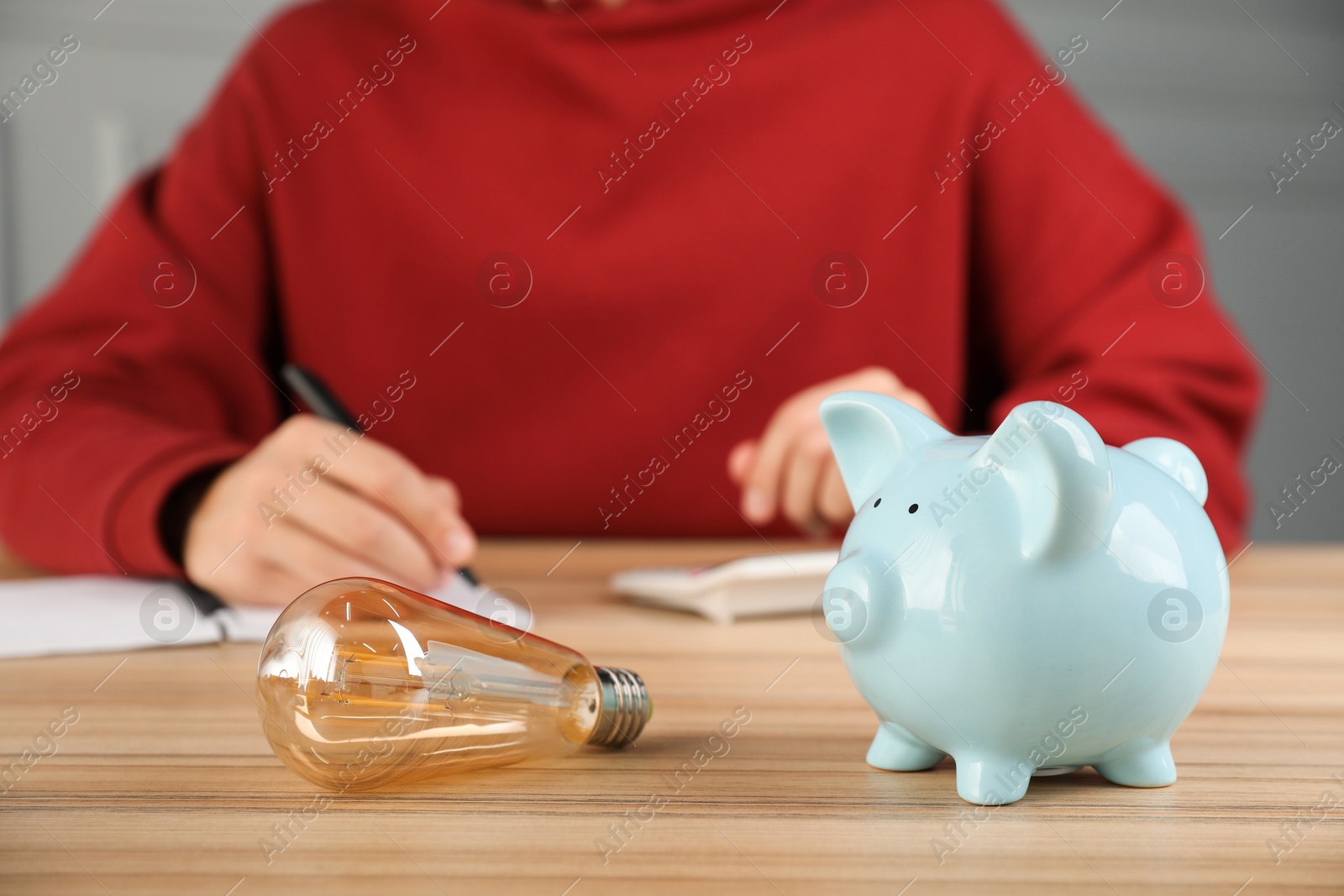 Photo of Man taking notes while using calculator at wooden table, focus on piggy bank and light bulb. Energy saving concept