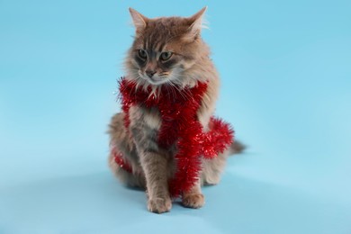 Photo of Cute cat with red Christmas tinsel on light blue background