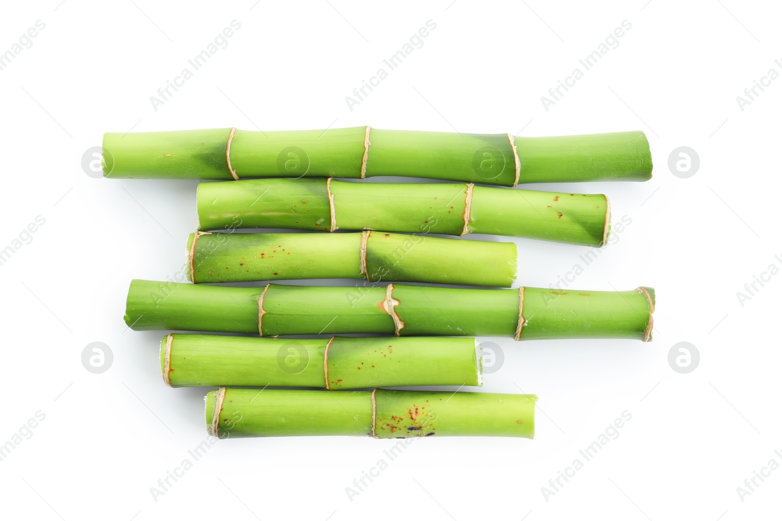 Photo of Cut green bamboo stems isolated on white, top view