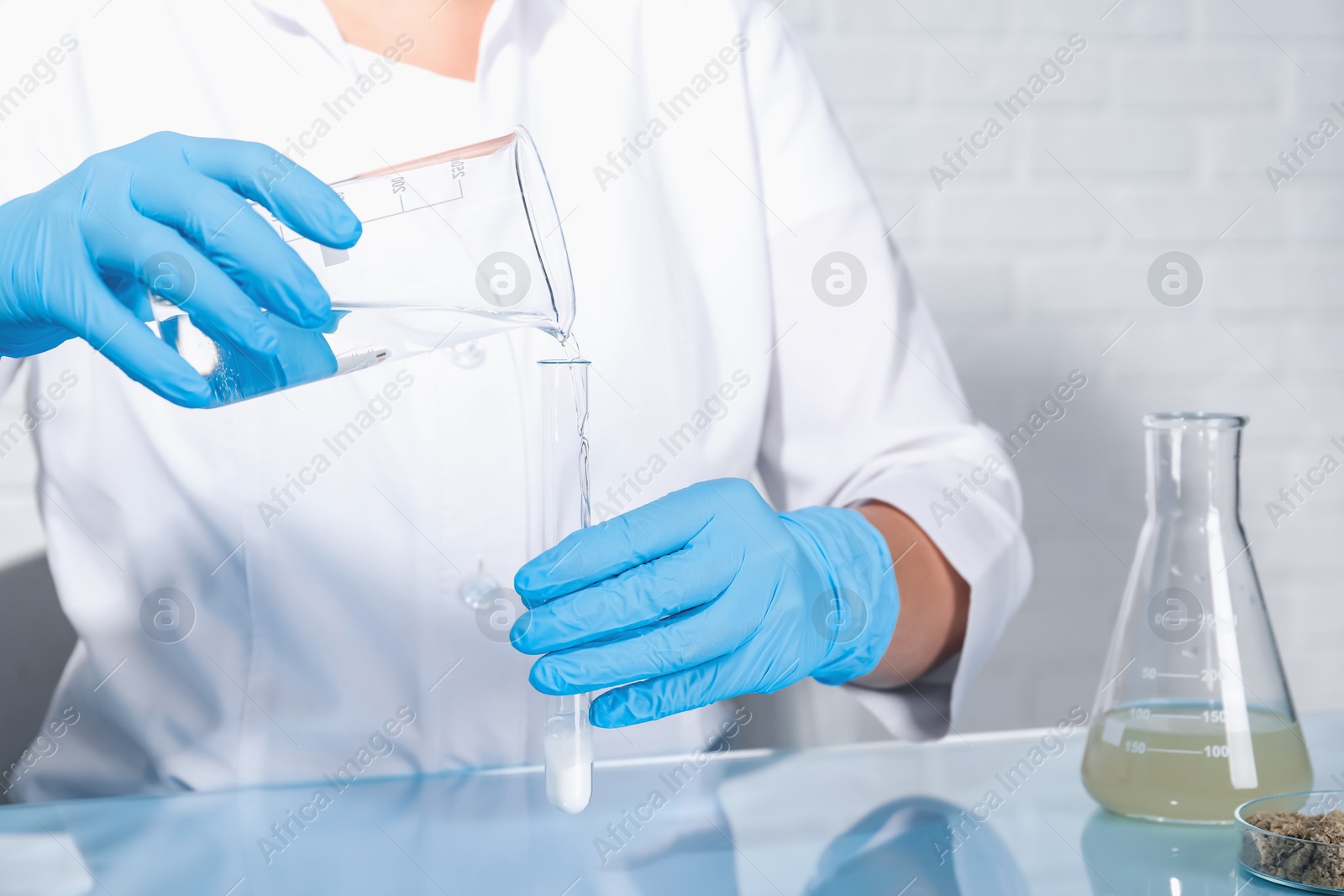 Photo of Laboratory testing. Scientist pouring liquid into test tube at table indoors, closeup