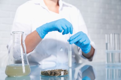 Photo of Laboratory testing. Scientist holding test tube of liquid at table indoors, focus on flask and petri dish with sand sample