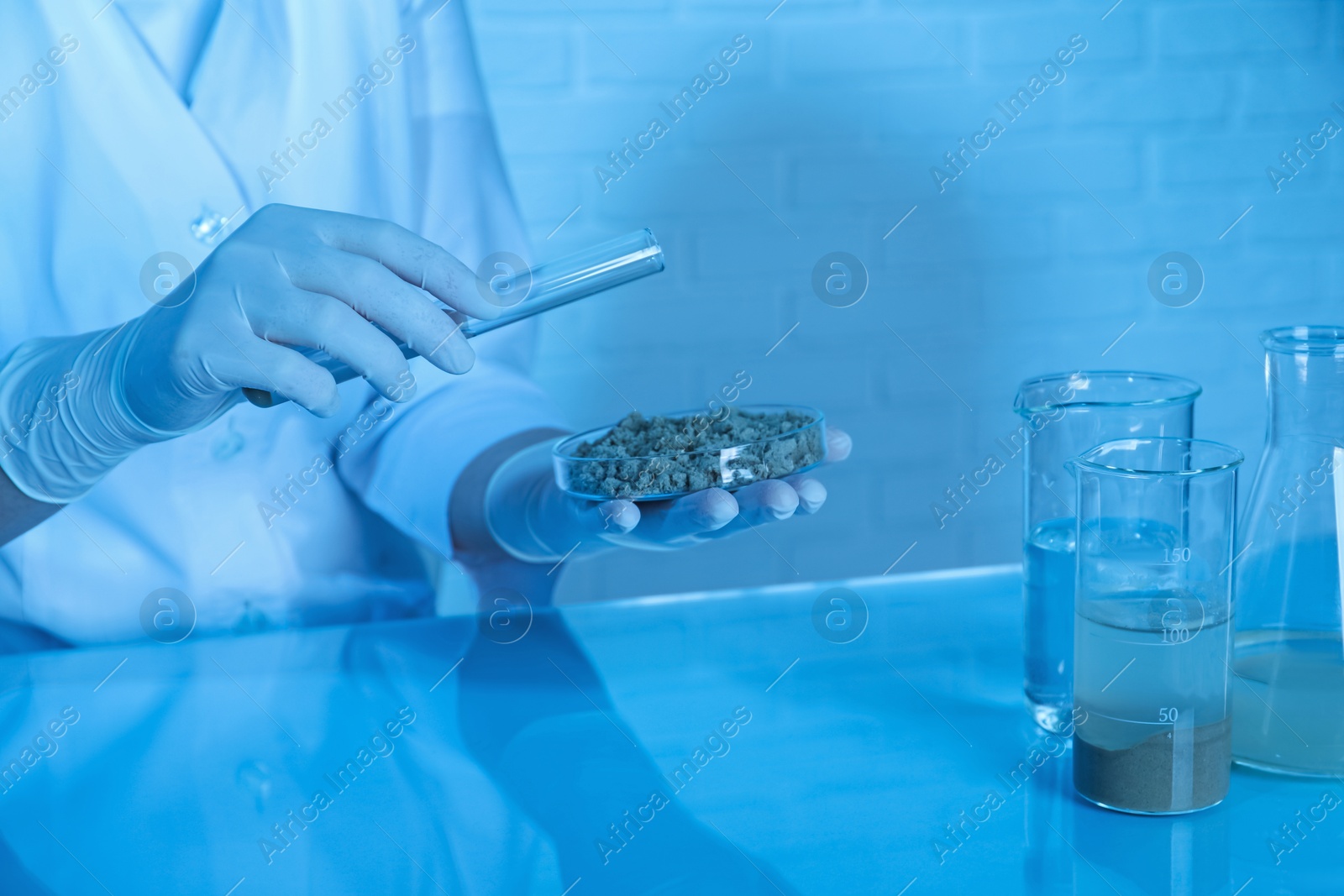 Photo of Laboratory testing. Scientist pouring liquid onto sand sample at table indoors, closeup