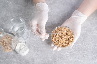 Photo of Laboratory testing. Scientist working with grain sample at grey table indoors, top view