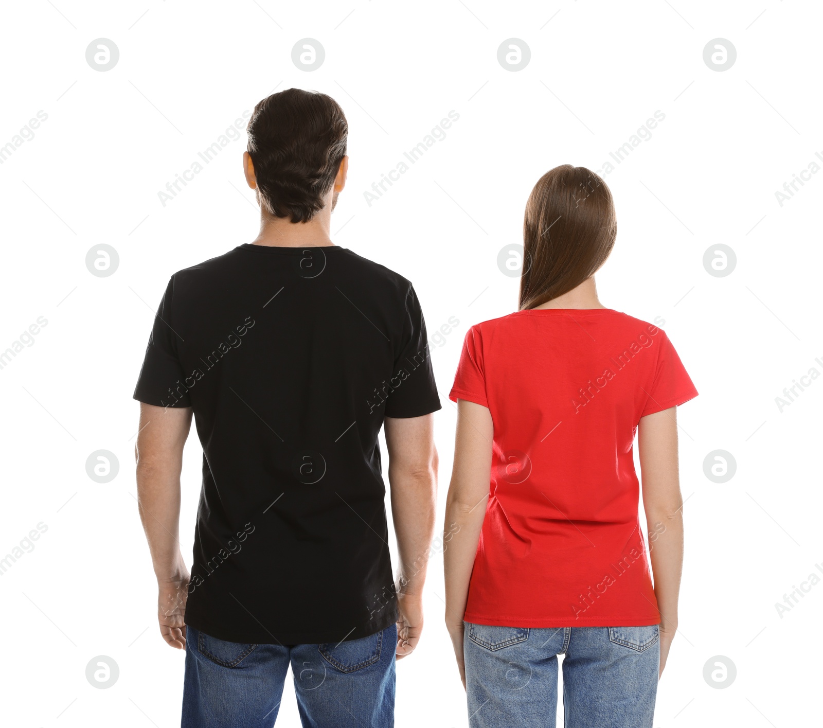 Photo of Woman and man wearing blank t-shirts on white background, back view. Mockup for design