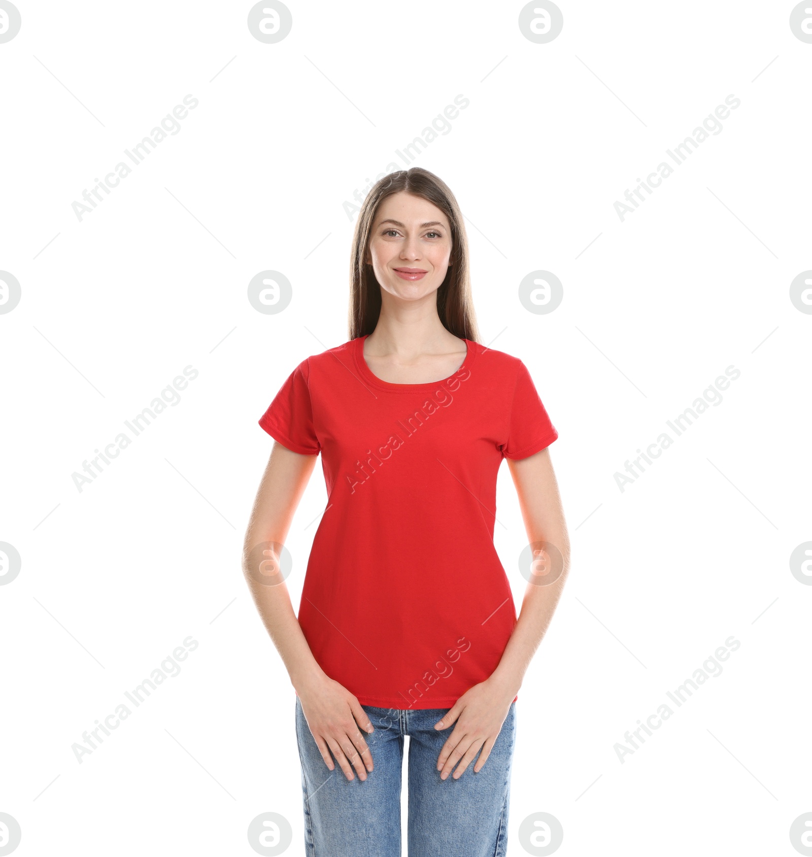 Photo of Woman wearing blank red t-shirt on white background. Mockup for design