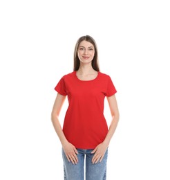 Photo of Woman wearing blank red t-shirt on white background. Mockup for design