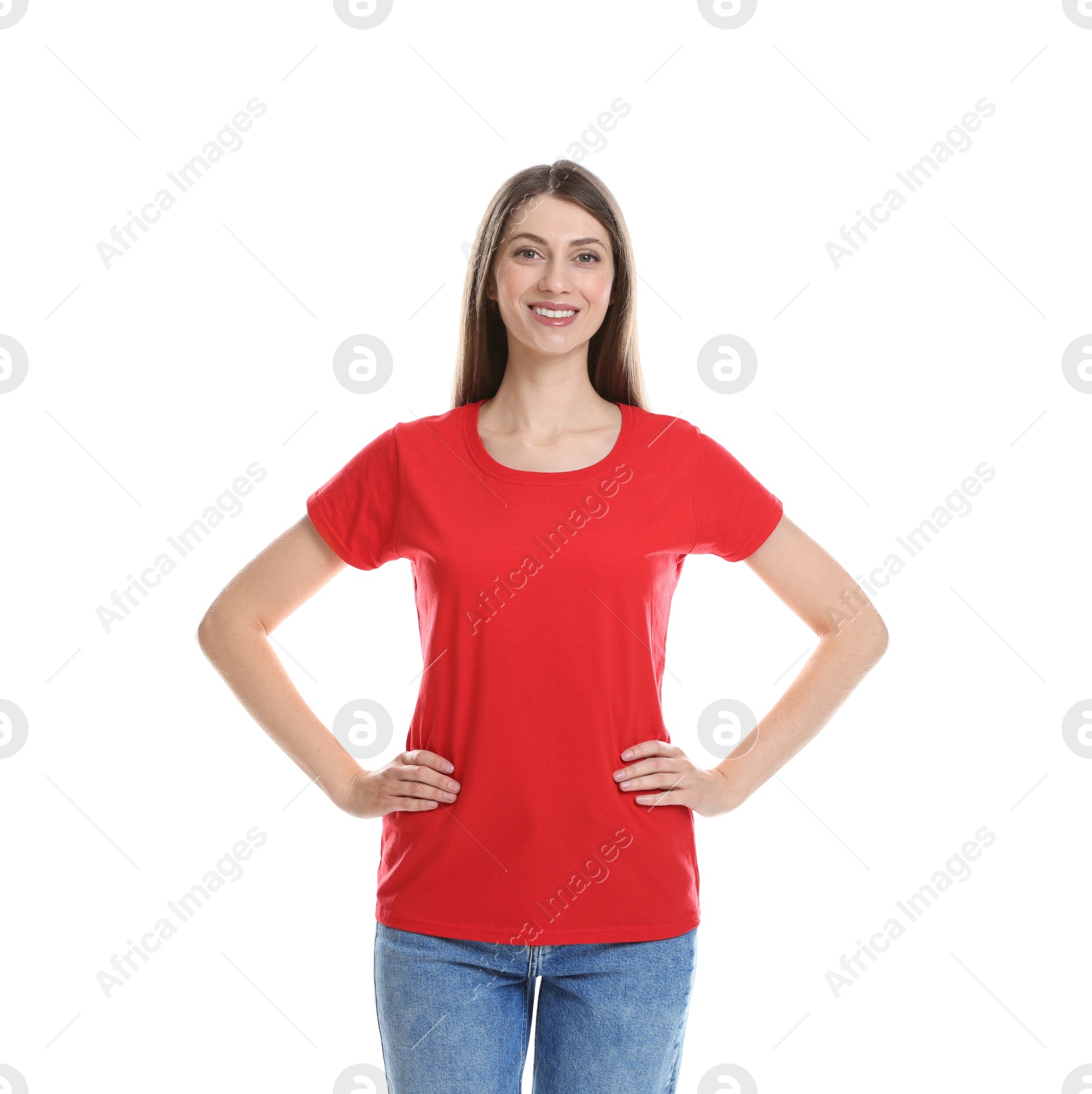 Photo of Woman wearing blank red t-shirt on white background. Mockup for design