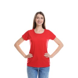 Photo of Woman wearing blank red t-shirt on white background. Mockup for design