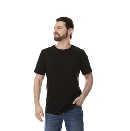 Photo of Man wearing blank black t-shirt on white background. Mockup for design