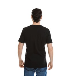 Photo of Man wearing blank black t-shirt on white background, back view. Mockup for design