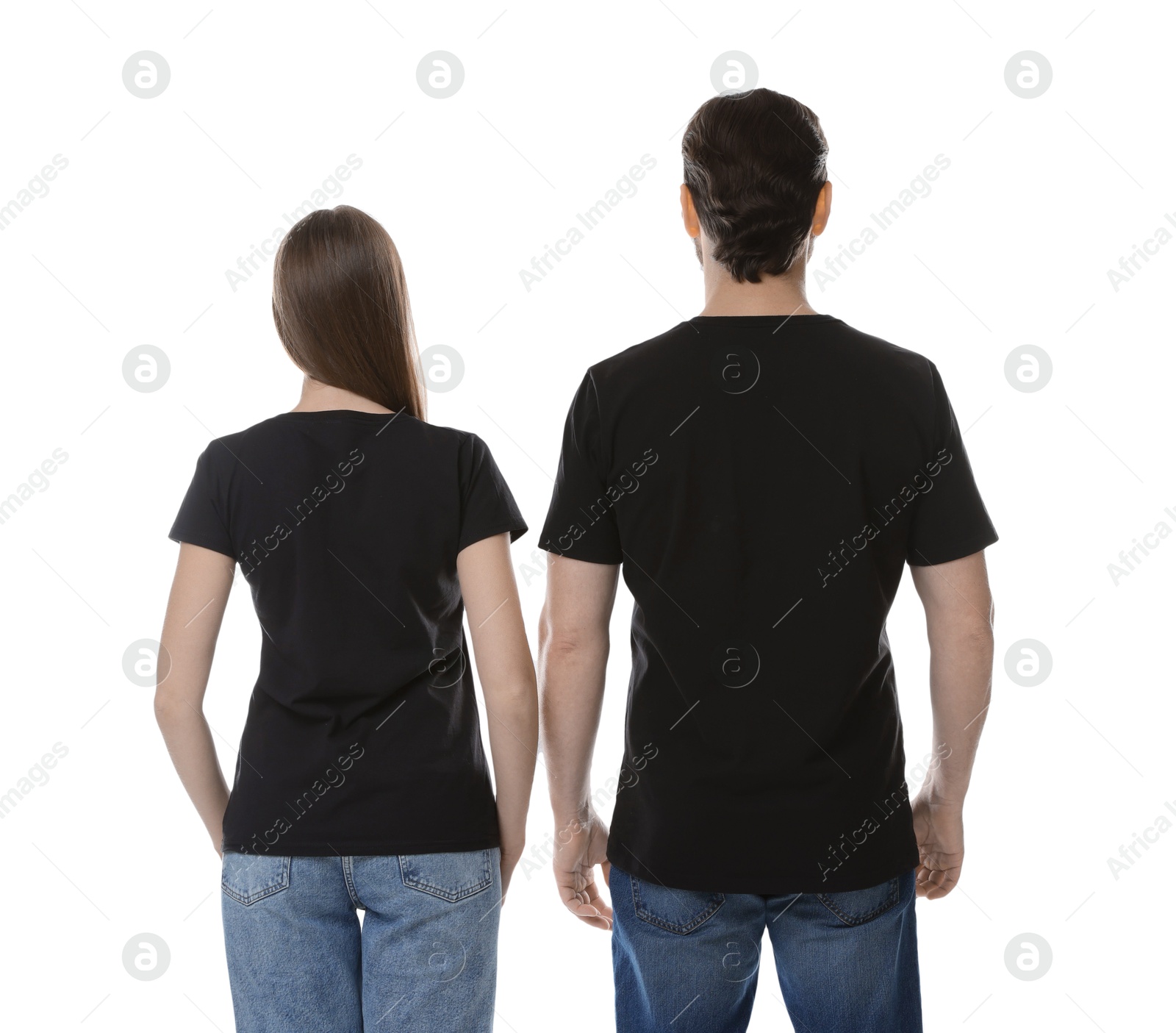 Photo of Woman and man wearing blank black t-shirts on white background, back view. Mockup for design