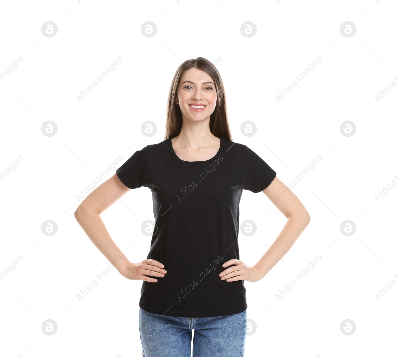 Photo of Woman wearing blank black t-shirt on white background. Mockup for design