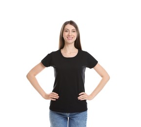 Photo of Woman wearing blank black t-shirt on white background. Mockup for design