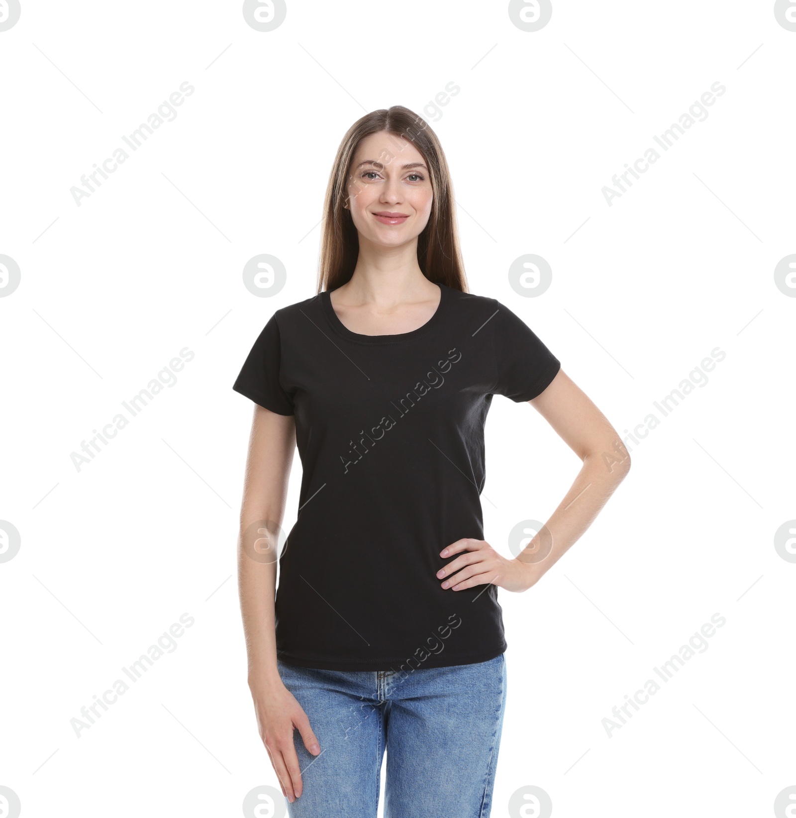 Photo of Woman wearing blank black t-shirt on white background. Mockup for design