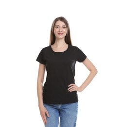 Photo of Woman wearing blank black t-shirt on white background. Mockup for design