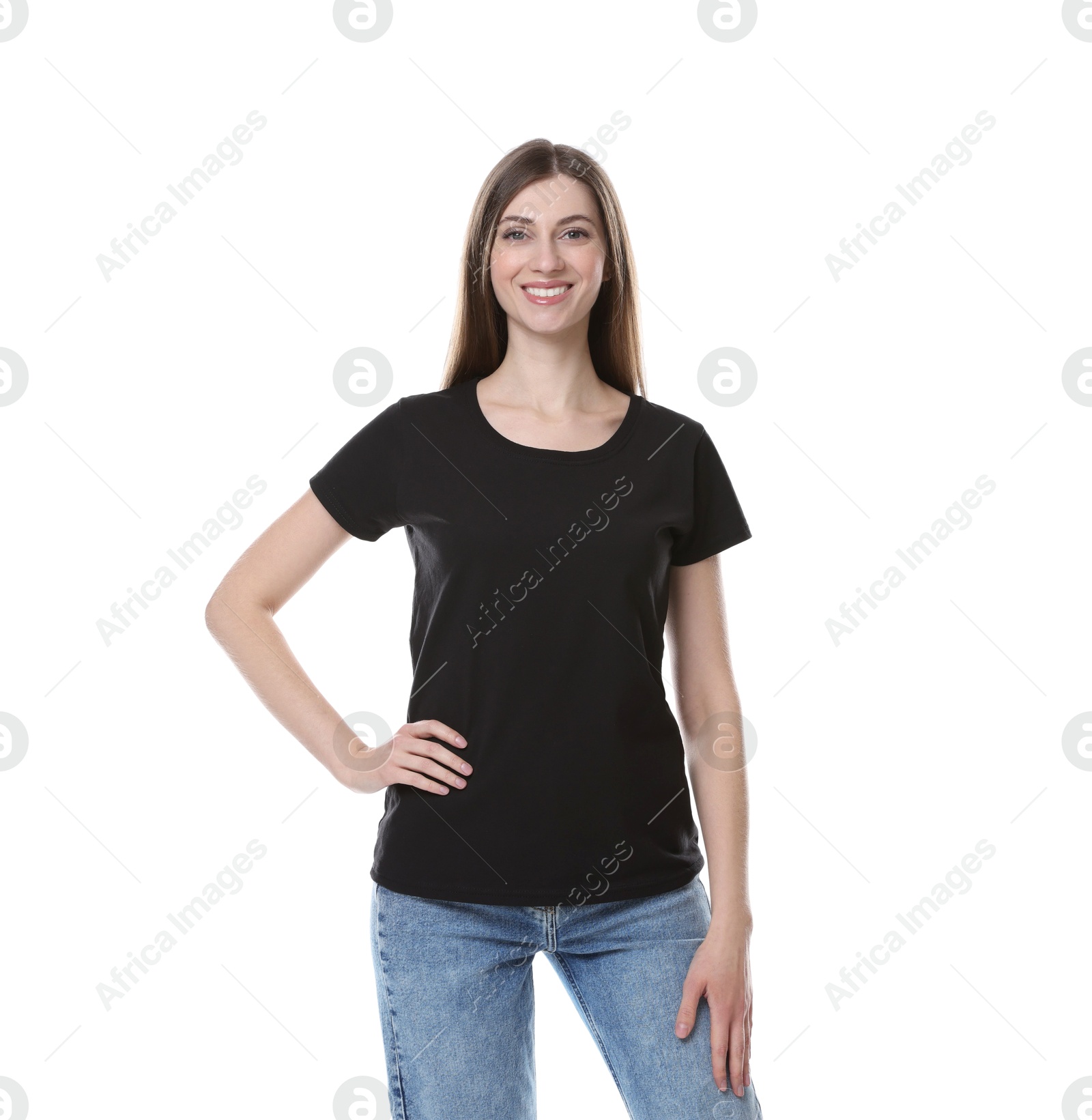 Photo of Woman wearing blank black t-shirt on white background. Mockup for design