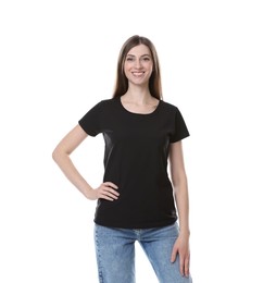 Photo of Woman wearing blank black t-shirt on white background. Mockup for design