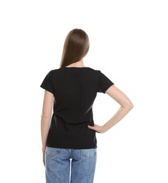 Photo of Woman wearing blank black t-shirt on white background, back view. Mockup for design