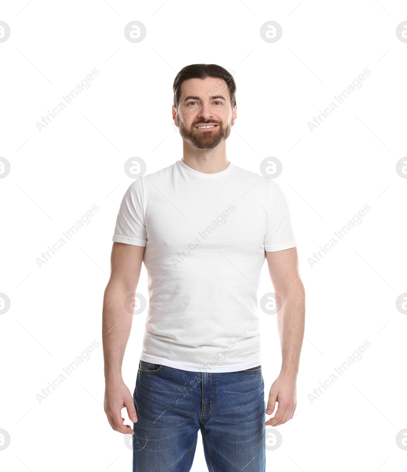 Photo of Man wearing blank t-shirt on white background. Mockup for design