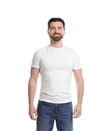 Photo of Man wearing blank t-shirt on white background. Mockup for design