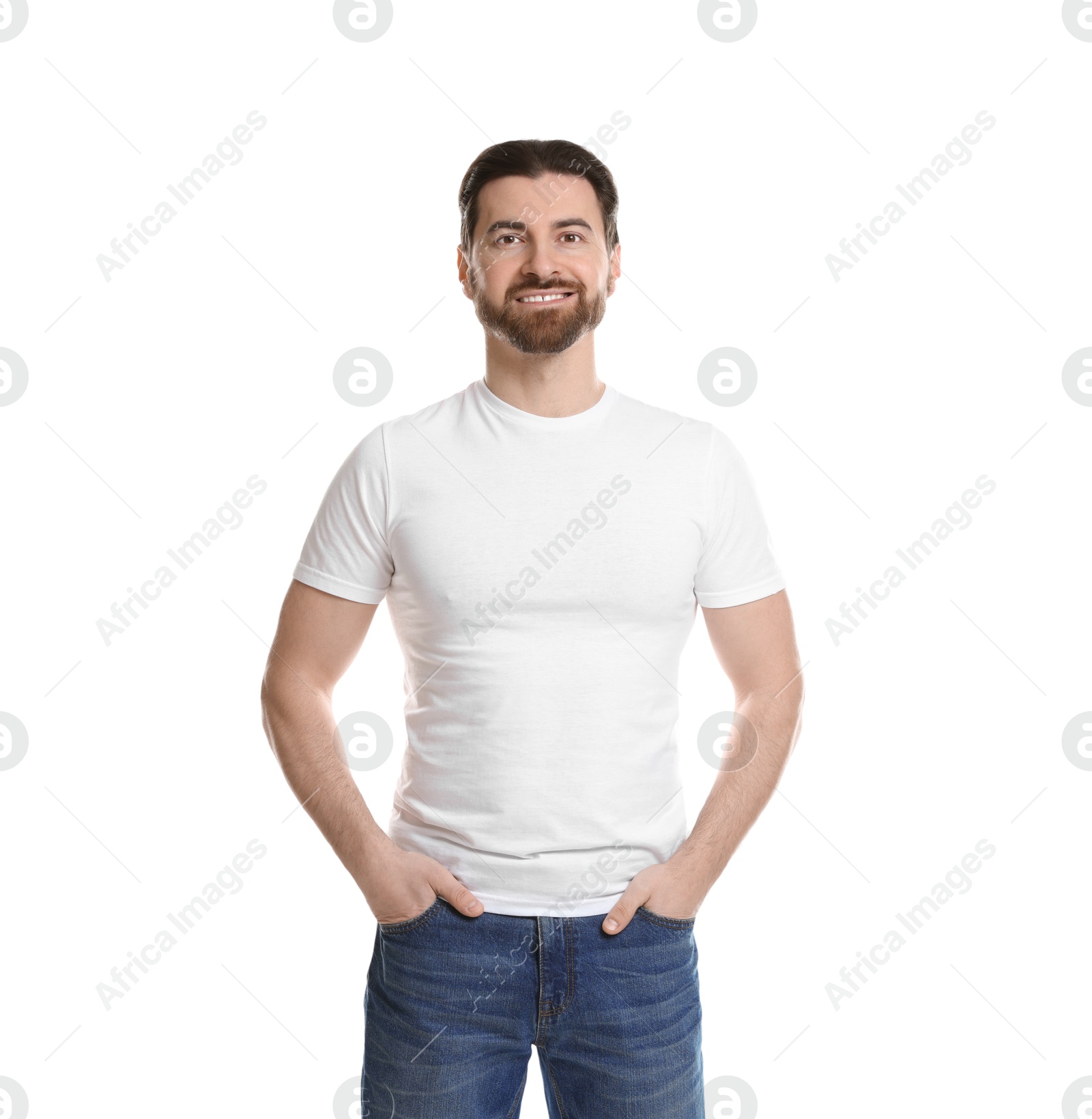 Photo of Man wearing blank t-shirt on white background. Mockup for design