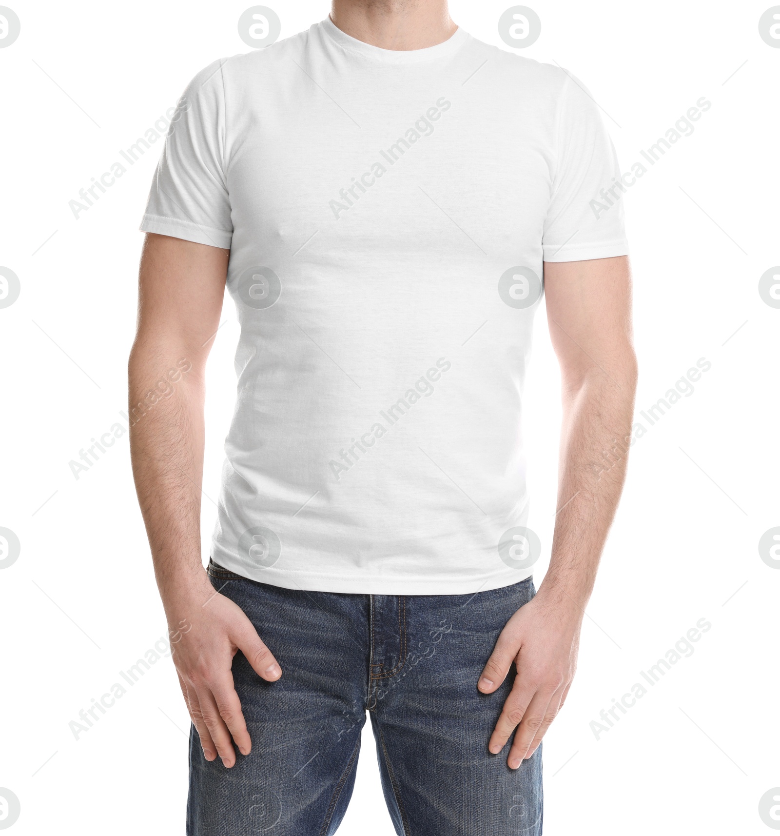 Photo of Man wearing blank t-shirt on white background, closeup. Mockup for design