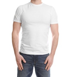 Photo of Man wearing blank t-shirt on white background, closeup. Mockup for design