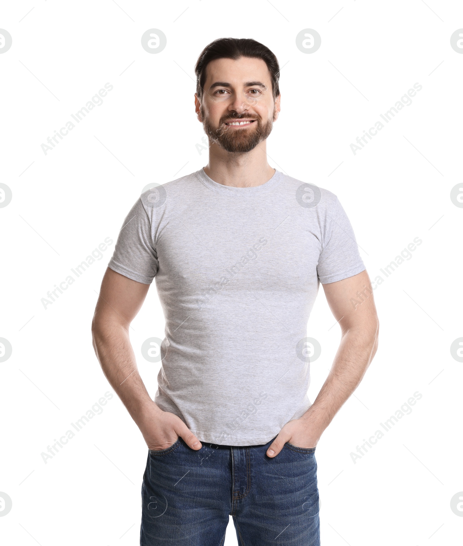 Photo of Man wearing blank t-shirt on white background. Mockup for design