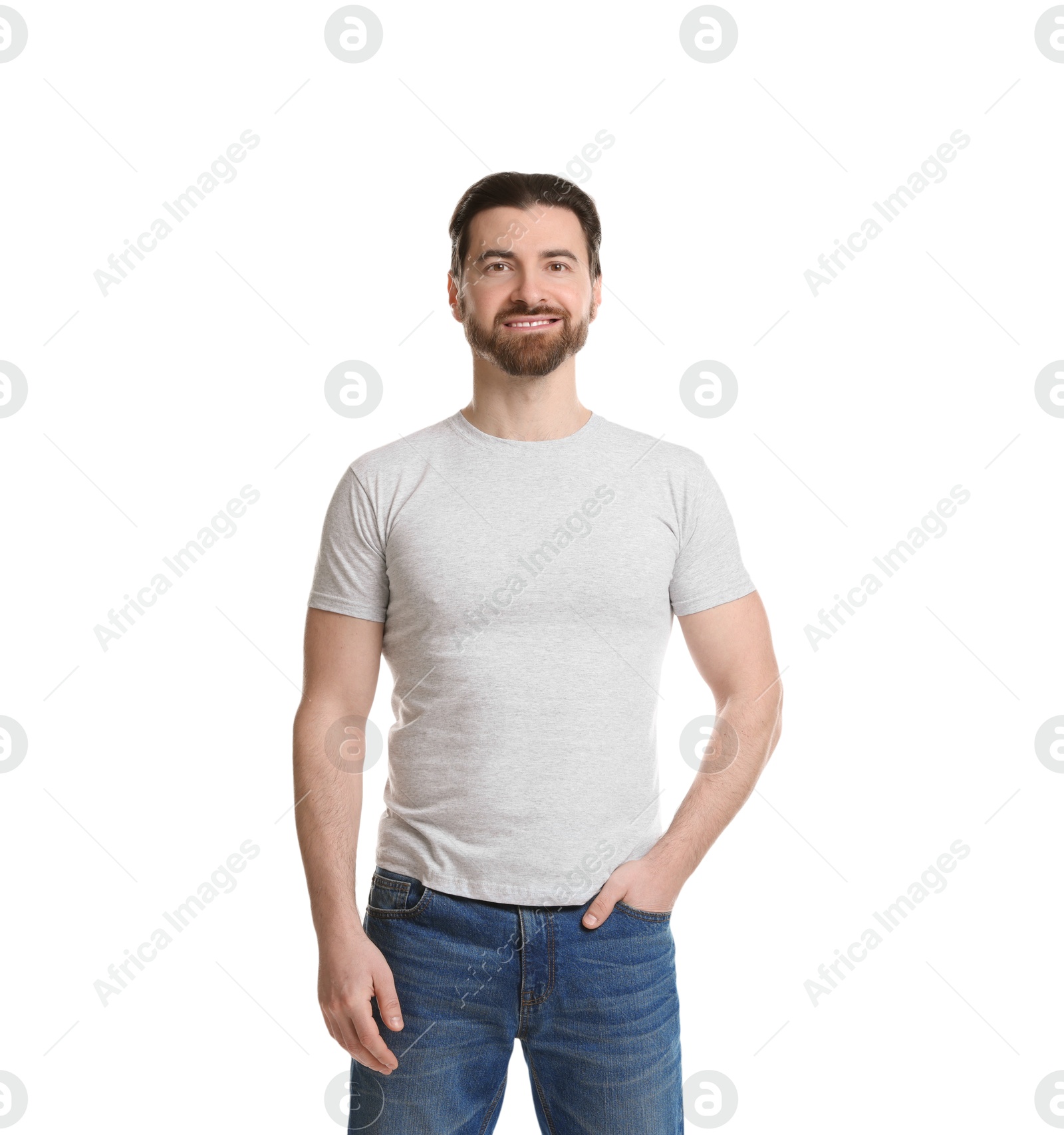 Photo of Man wearing blank t-shirt on white background. Mockup for design