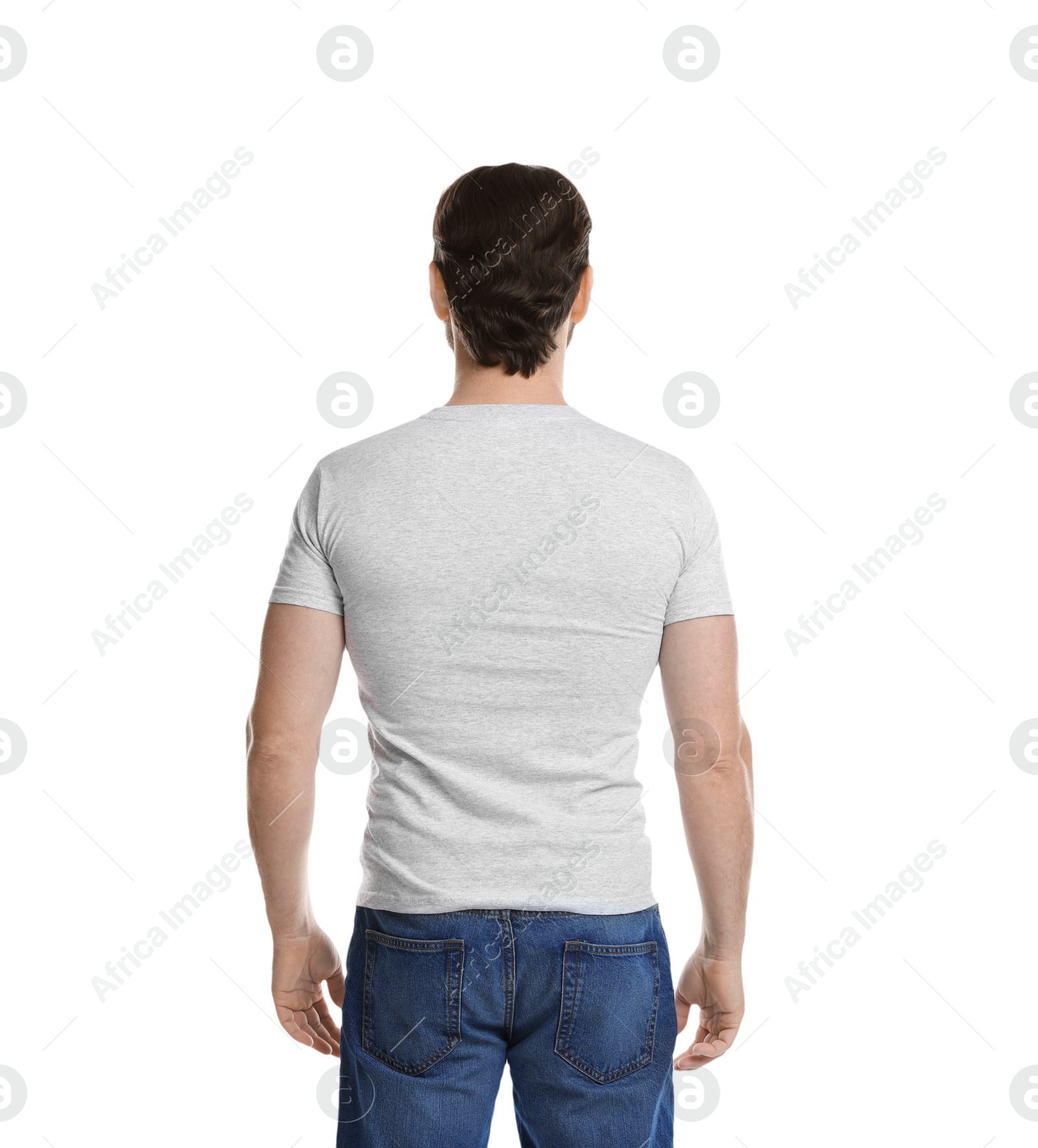 Photo of Man wearing blank t-shirt on white background, back view. Mockup for design