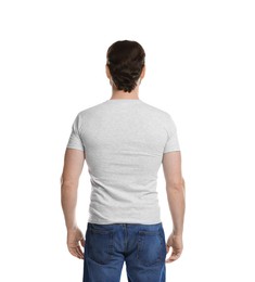 Photo of Man wearing blank t-shirt on white background, back view. Mockup for design