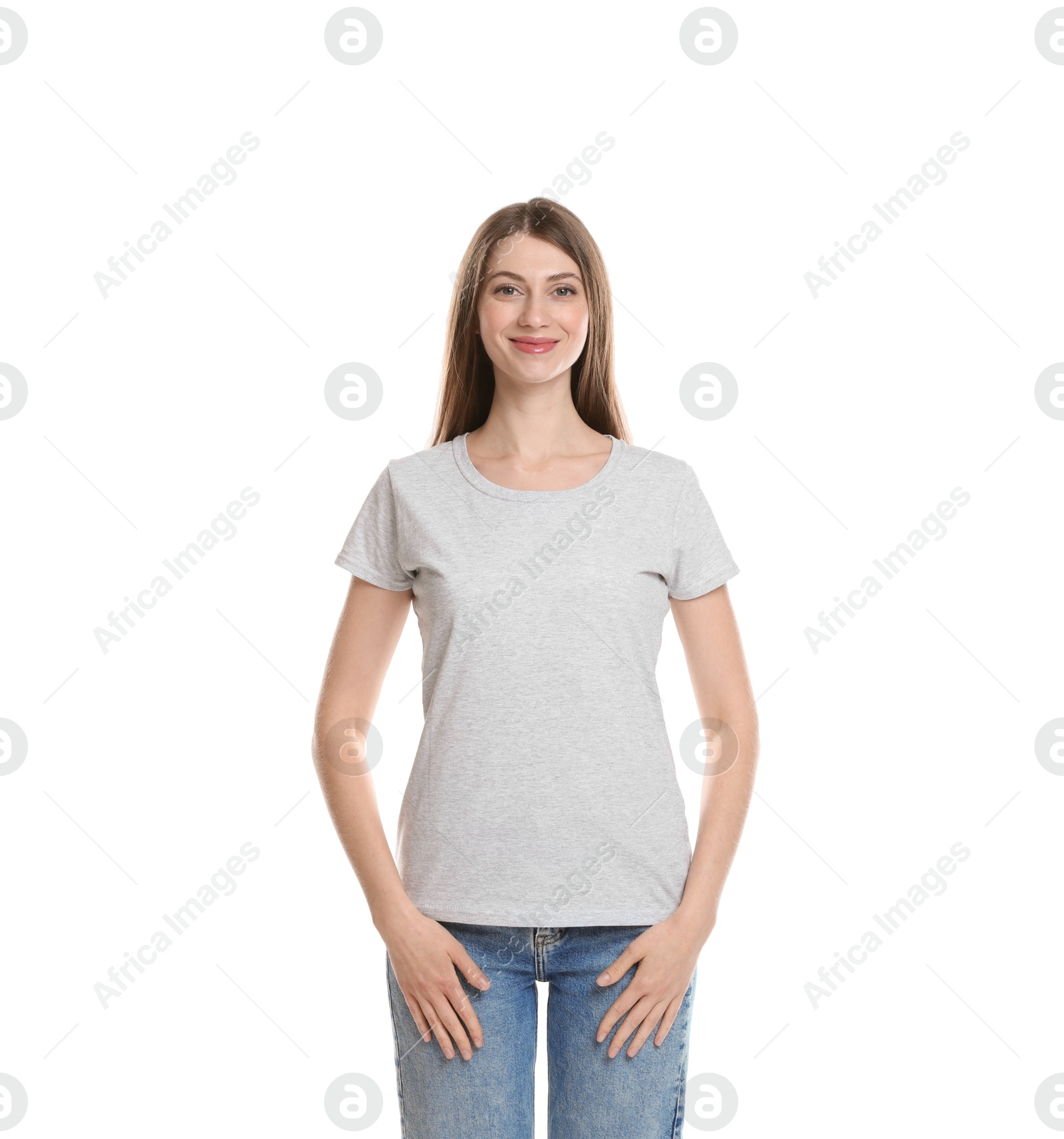 Photo of Woman wearing blank t-shirt on white background. Mockup for design