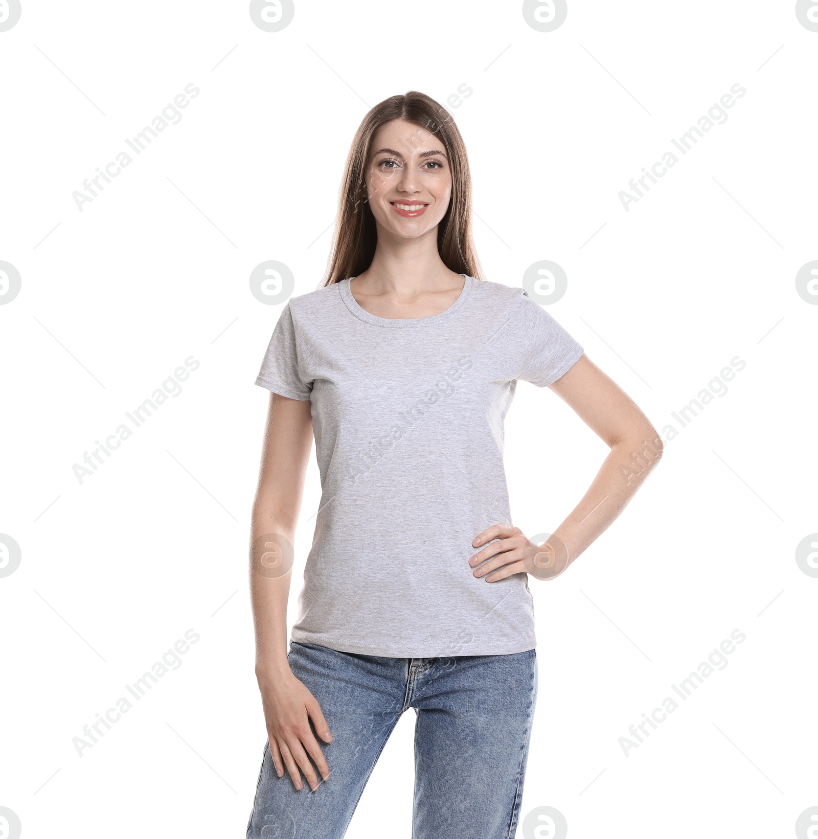 Photo of Woman wearing blank t-shirt on white background. Mockup for design