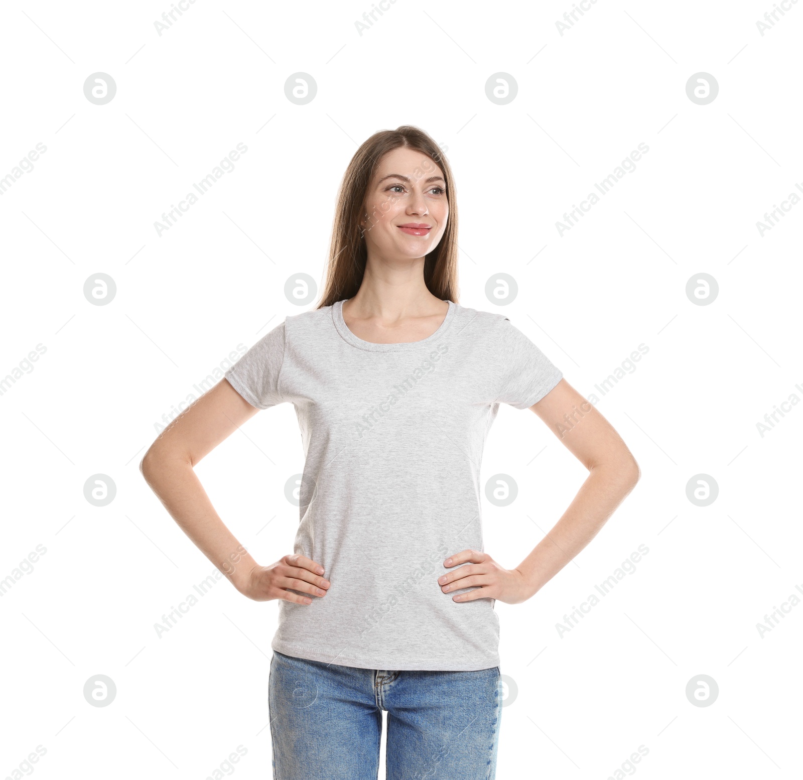 Photo of Woman wearing blank t-shirt on white background. Mockup for design