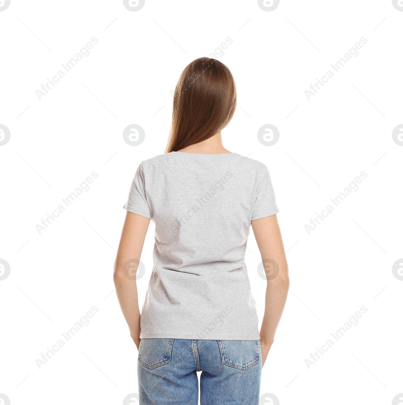 Photo of Woman wearing blank t-shirt on white background. Mockup for design