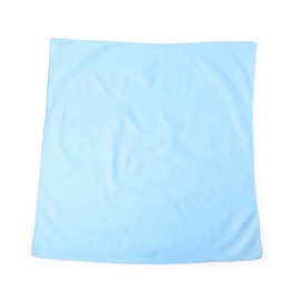 Photo of Light blue handkerchief isolated on white, top view