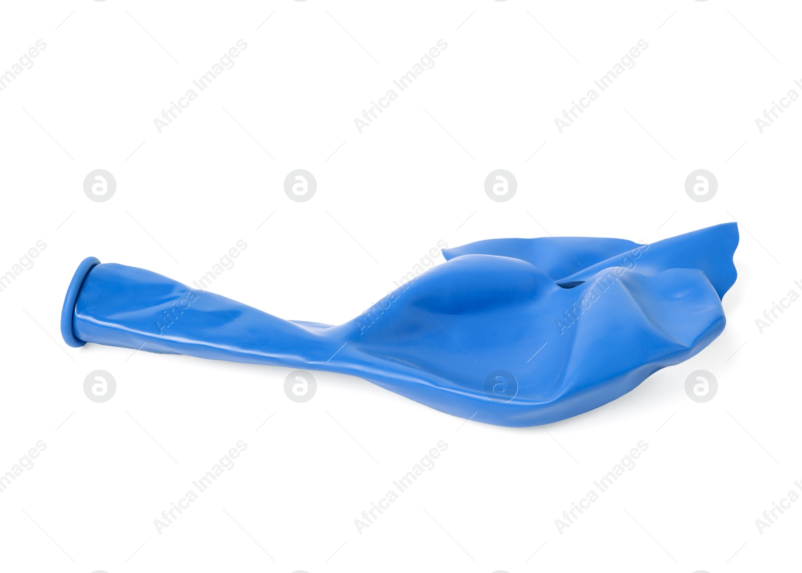 Photo of One blue popped balloon isolated on white