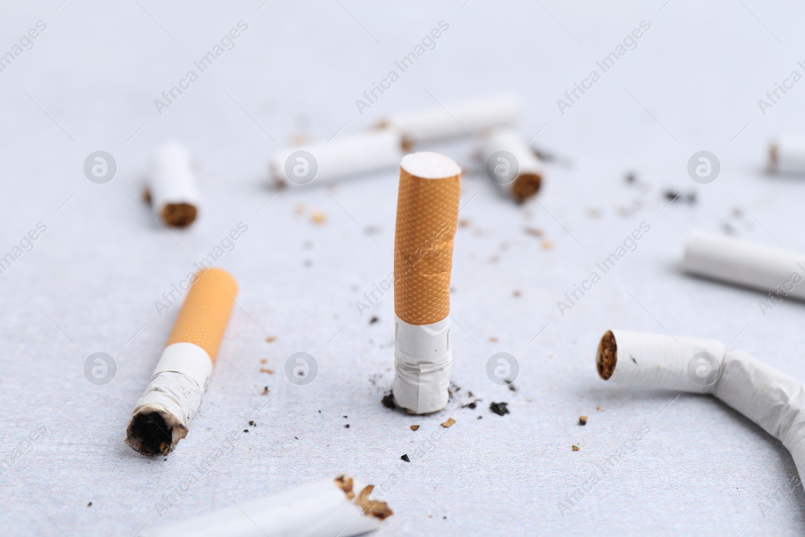 Photo of Many cigarette butts on light background. Smoking habit