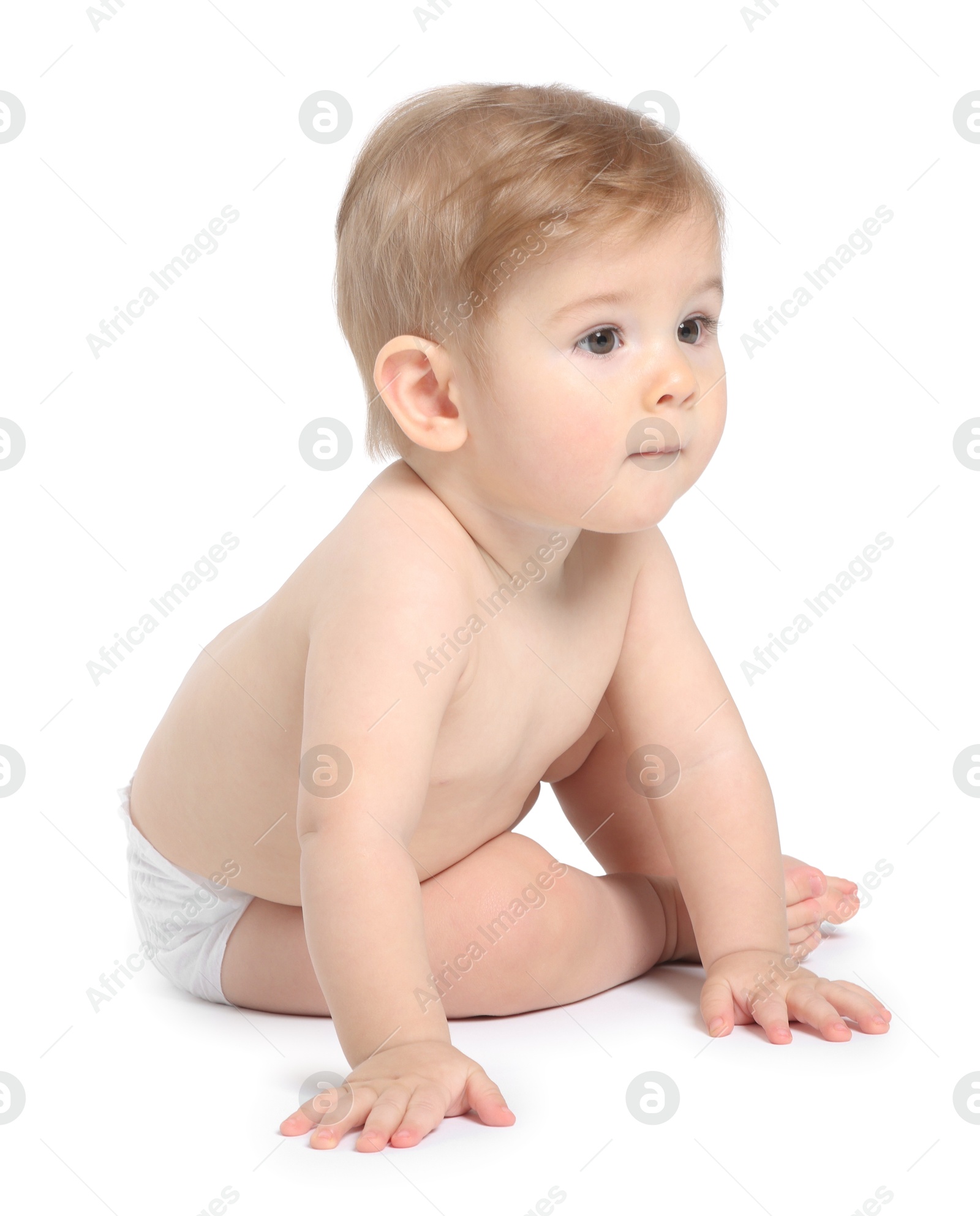 Photo of Cute little baby sitting on white background