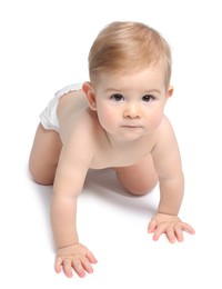 Adorable little baby crawling on white background