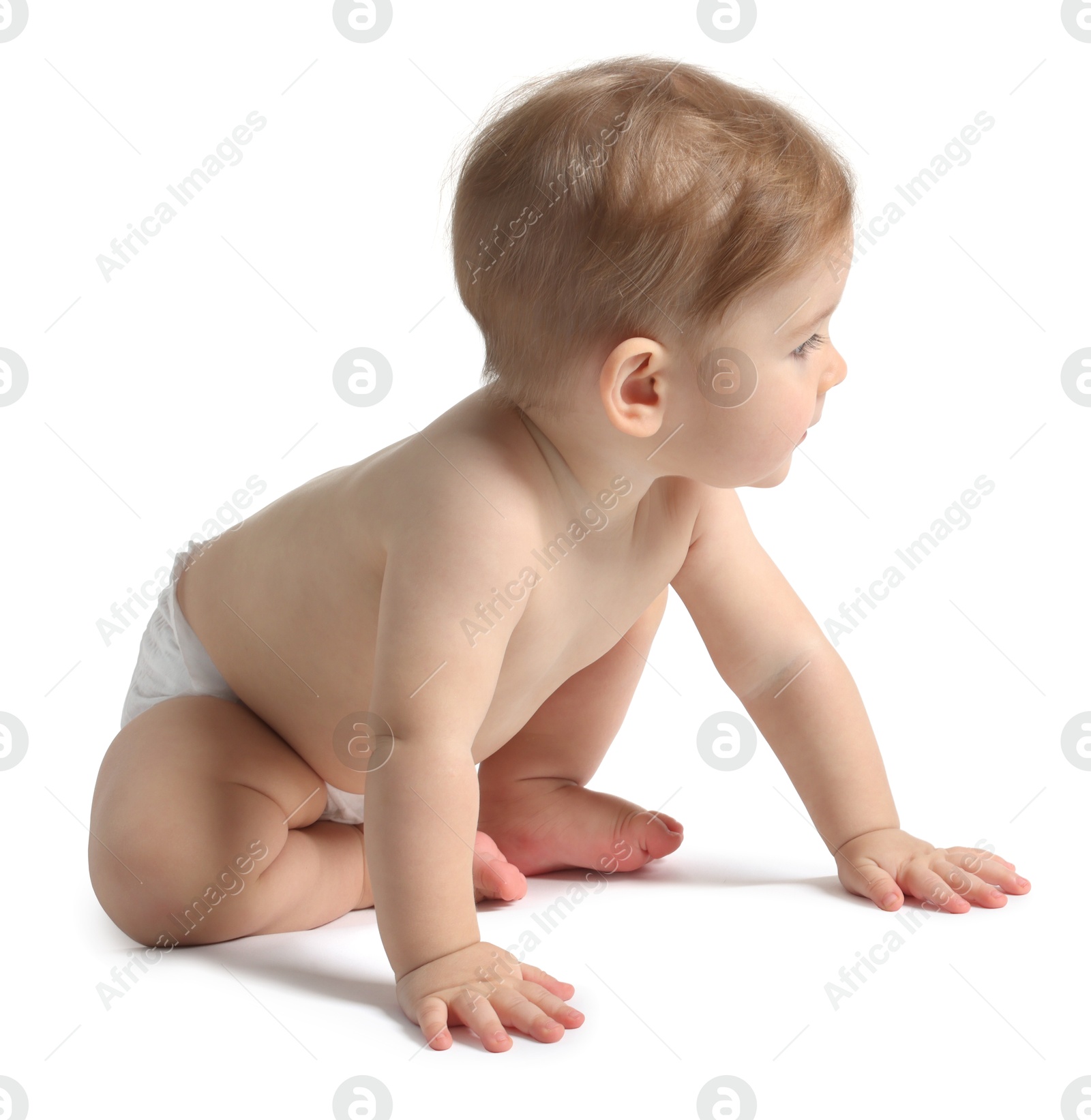 Photo of Cute little baby in diaper on white background