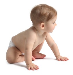 Cute little baby in diaper on white background