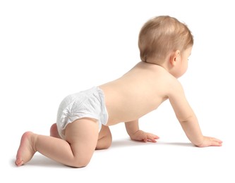 Photo of Adorable little baby crawling on white background