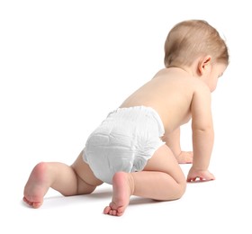 Photo of Little baby crawling on white background, back view