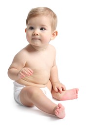 Photo of Cute little baby sitting on white background